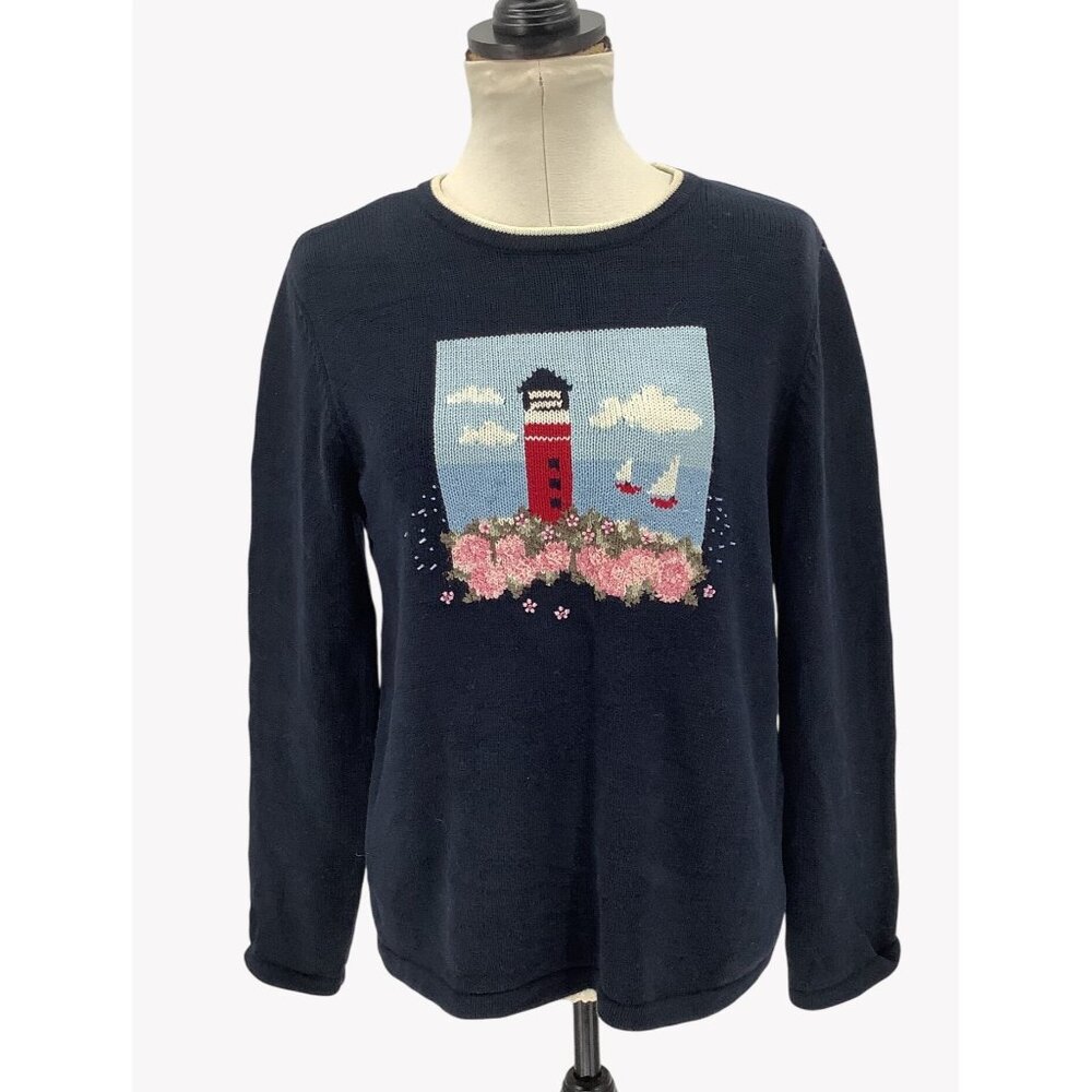 August Max Navy Lighthouse Sweater Cotton Blend Womens Knit Pullover Size 2